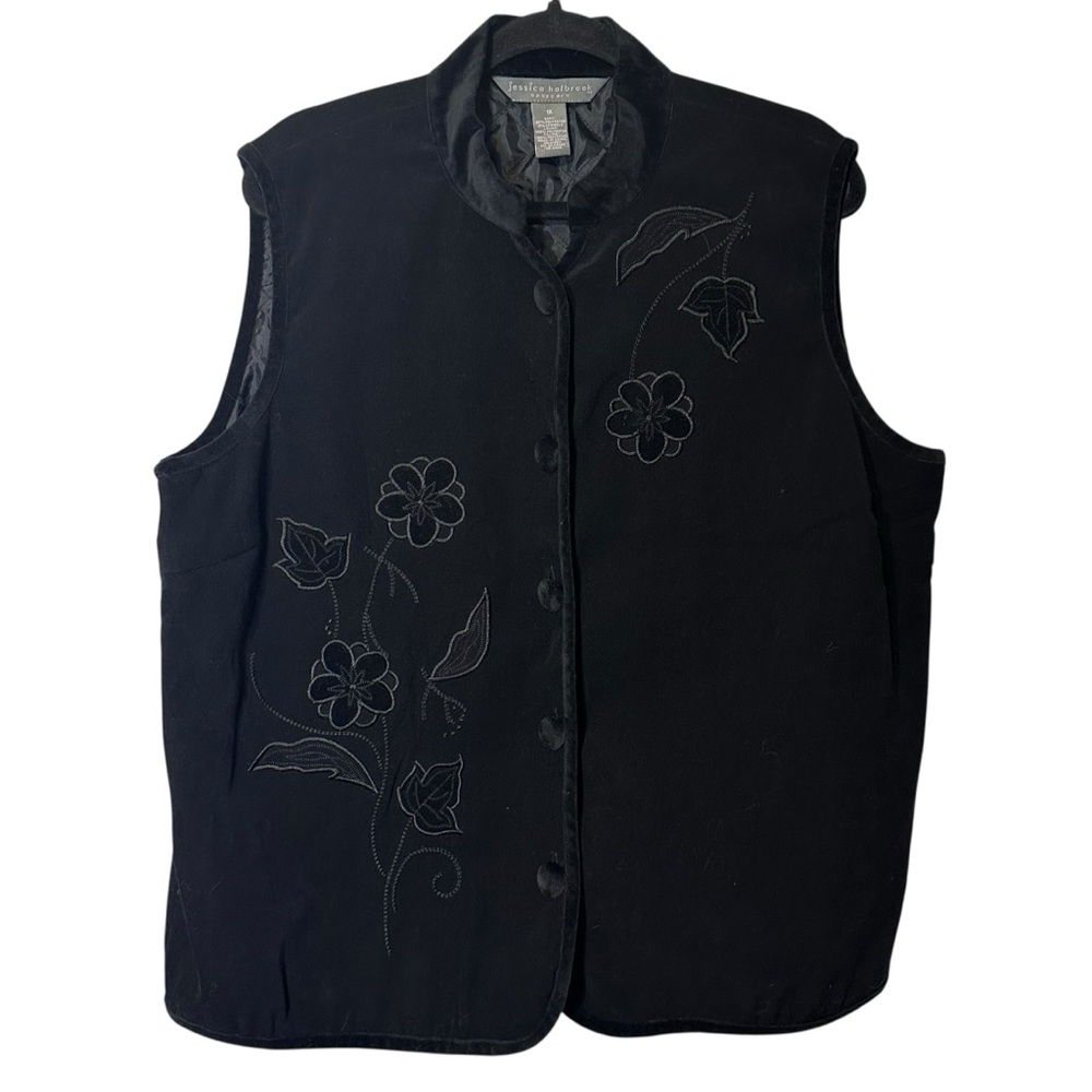 Jessica Holbrook Easycare Black Embroidered Floral Vest Size 1X Velour Chic‎